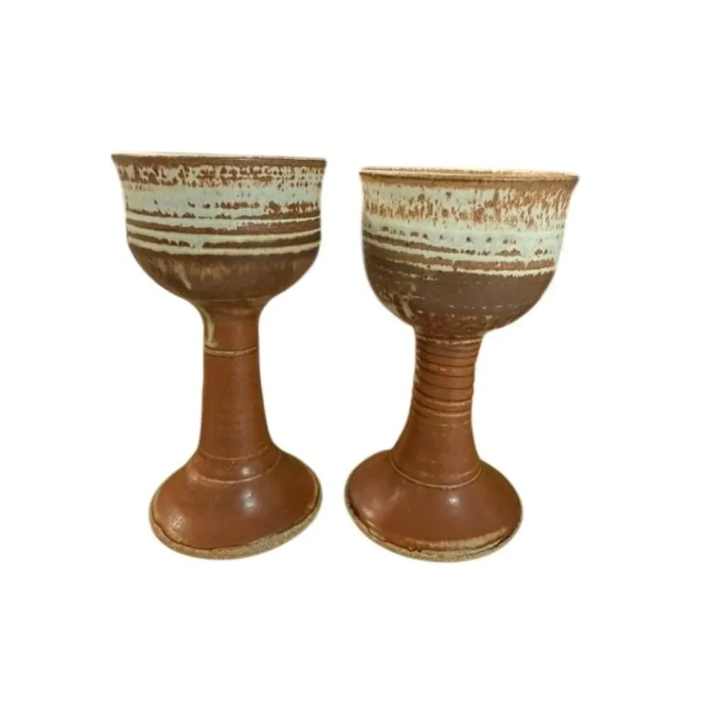 Studio Pottery Goblets pair Handmade Ceramic Chalice Cups Earth Tone 6.25